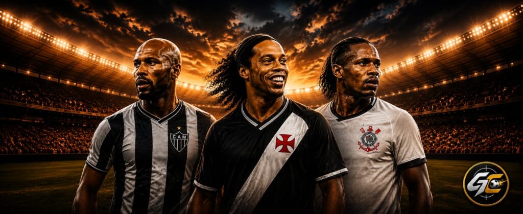 Anelka, Ronaldinho e Drogba representados com camisas de clubes brasileiros